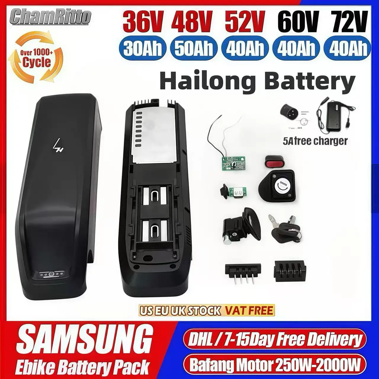 

Аккумулятор Hailong для электровелосипедов 36В 48В 52В, 1000Вт 20Ач 30Ач 40Ач 50Ач 60Ач, литиевая батарея 60В 72В 2000Вт 13S5P для электровелосипедов