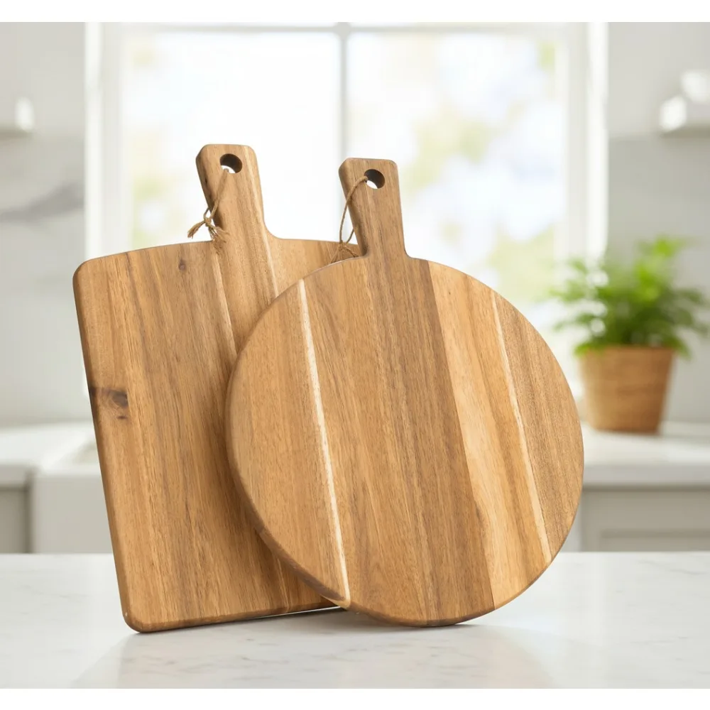 

Набор разделочных досок из дерева акации, 2 шт., с ручкой, большой сервировочный поднос для сыра, мяса, фруктов, пиццы