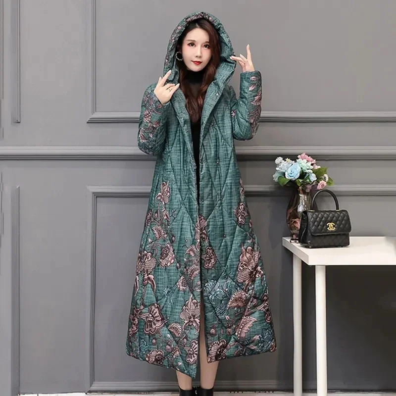 Chinese Style Women's Winter Down Cotton Jacket X-long Printing Loose Thick Outwear Hooded Loose Covered Button Female Parka