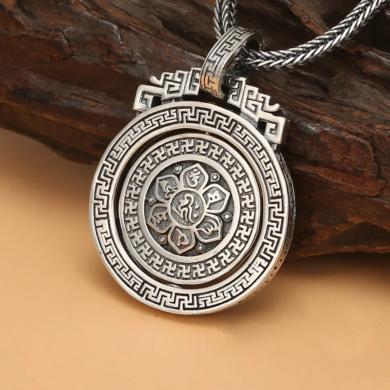 Pure silver retro six character mantra sweater chain pendant with eight trigrams and nine palace diagram rotating Tai Yin square