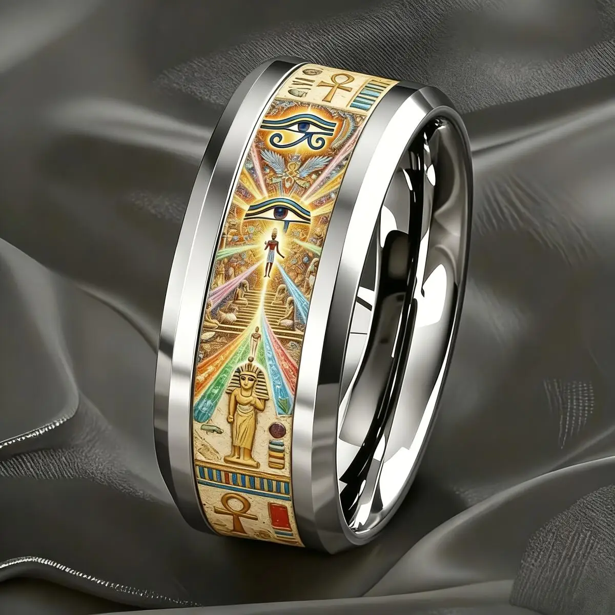 Vintage Ancient Egyptian Horus Eye And Pyramid Totem Ring Retro Egypt Mythology Stainless Steel Rings for Men Women Jewelry Gift