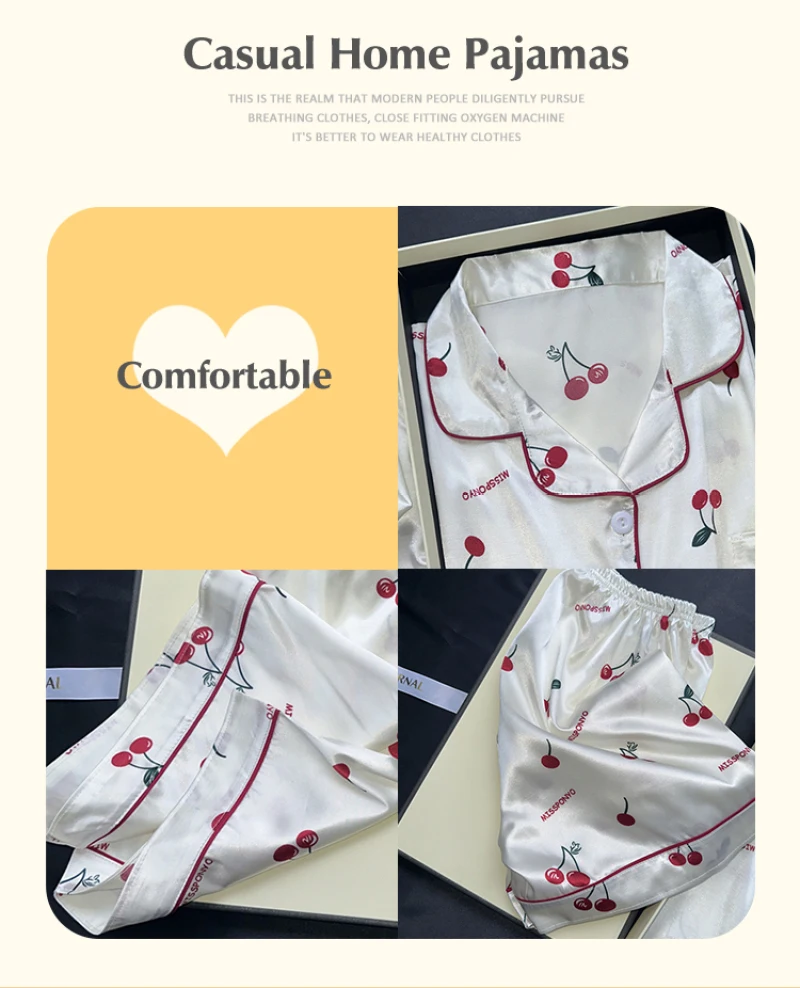 Pigiama con stampa ciliegia per donna Pigiama estivo in due pezzi in raso Camicia a maniche corte e pantaloncini Abbigliamento per la casa alla moda casual