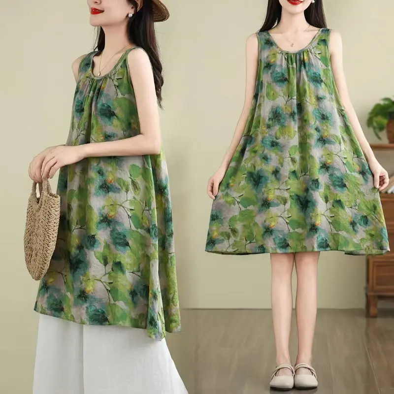 

Летнее платье больших размеров из хлопка и льна с принтом, А-силуэт, без рукавов, с круглым вырезом, свободного кроя, в нежном стиле для женщин, создающих молодежный образ