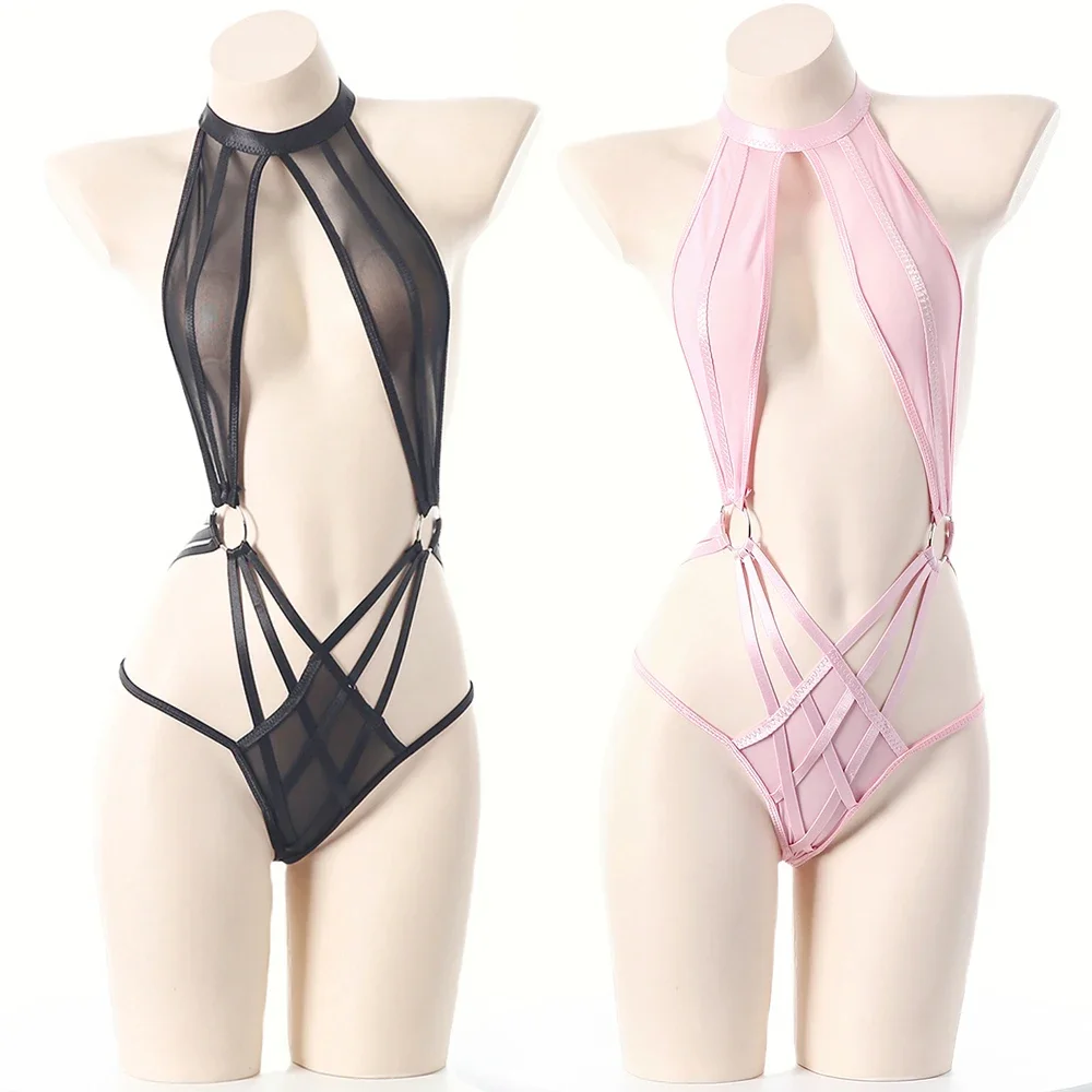 Black Hanging Neck Swimsuit Hollow Net Lingerie Women Sexy Mesh Bandage Bodysuit Temptation Pajamas Costume