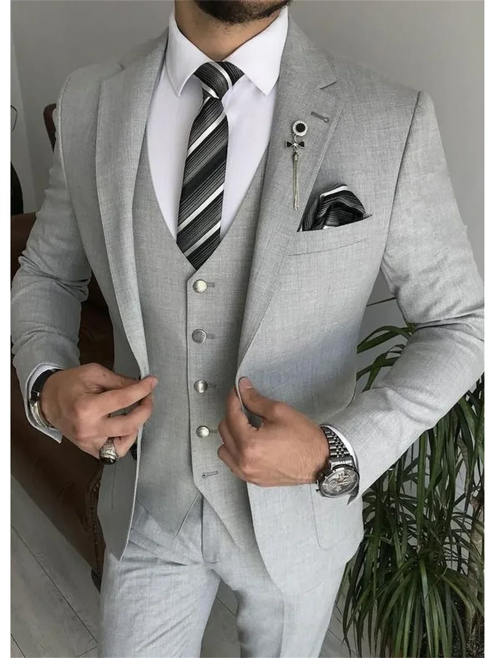 3 Piece Light Gray Notch Lapel Single Breasted Suits for Men Chic Formal Casual Business Wedding Tuxedo (Blazer+Vest+Pants)