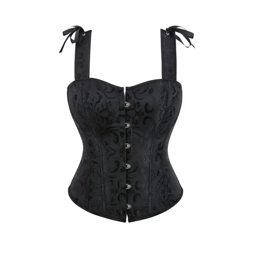 

Черный женский корсет с двойным плечевым ремнем, корректирующий фигуру и поддерживающий грудь.
