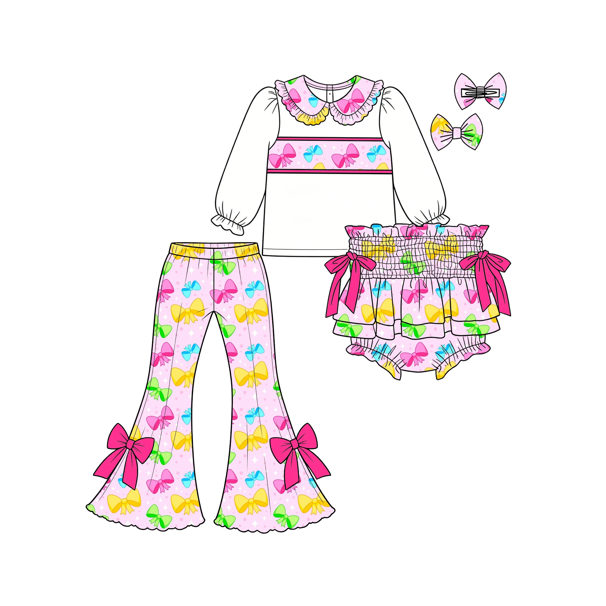 Custom Toddler Girls Strawberry Bow Donut Jam Pant Outifts Long Sleeve Top Flare Pants Bloomers Christmas Bear 3Pcs Set image 3