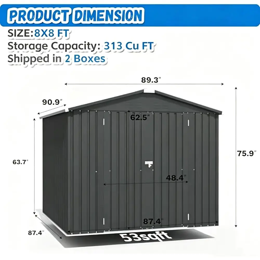 8x8T Outdoor Storage Shed, Utility Tool Shed Metal Storage Garden Shed with Door & Lock or Patio Storage, Black
