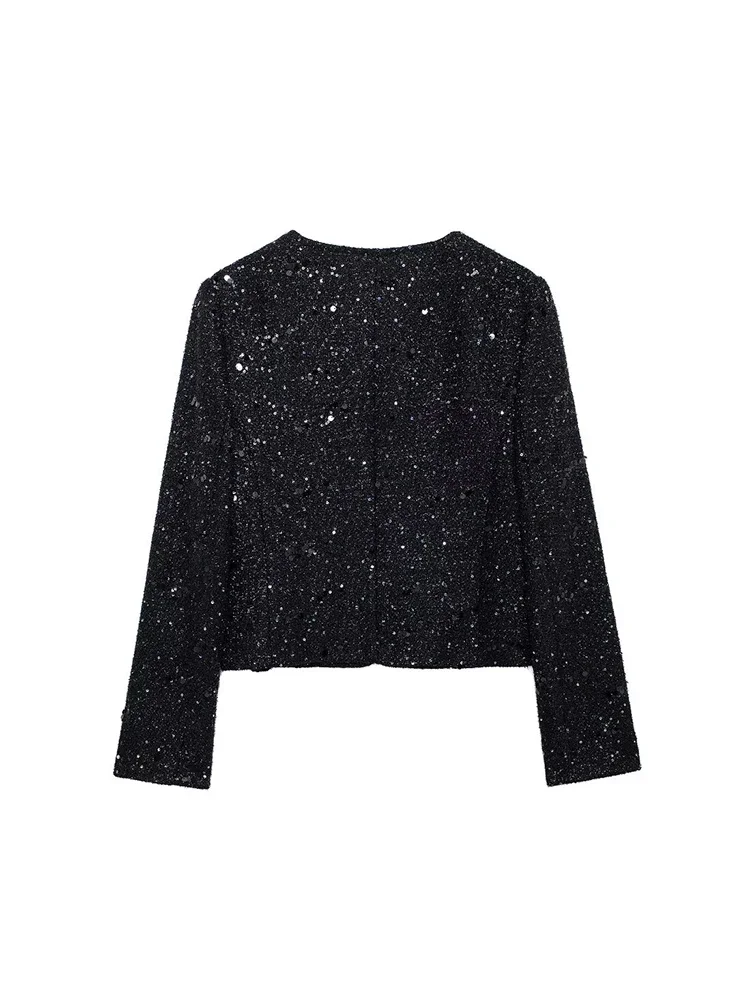 Willshela Moda donna con paillettes Blazer monopetto nero Vintage O-Collo maniche lunghe Abiti da donna chic femminili