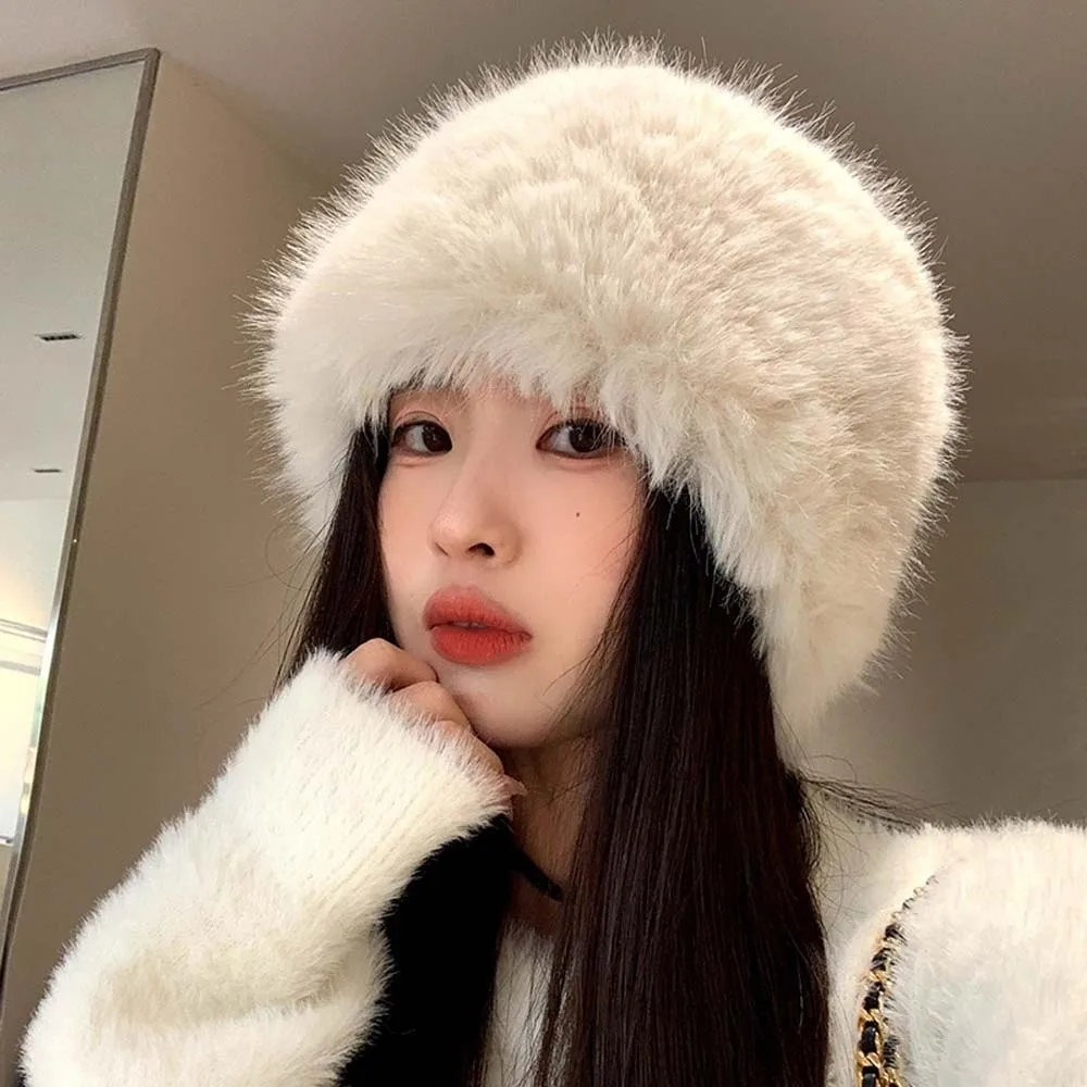

Temperament Plush Bucket Hat Warmer Imitation Mink Fur Winter Fisherman Hat Windproof Solid Color Anti-cold Basin Cap Travel