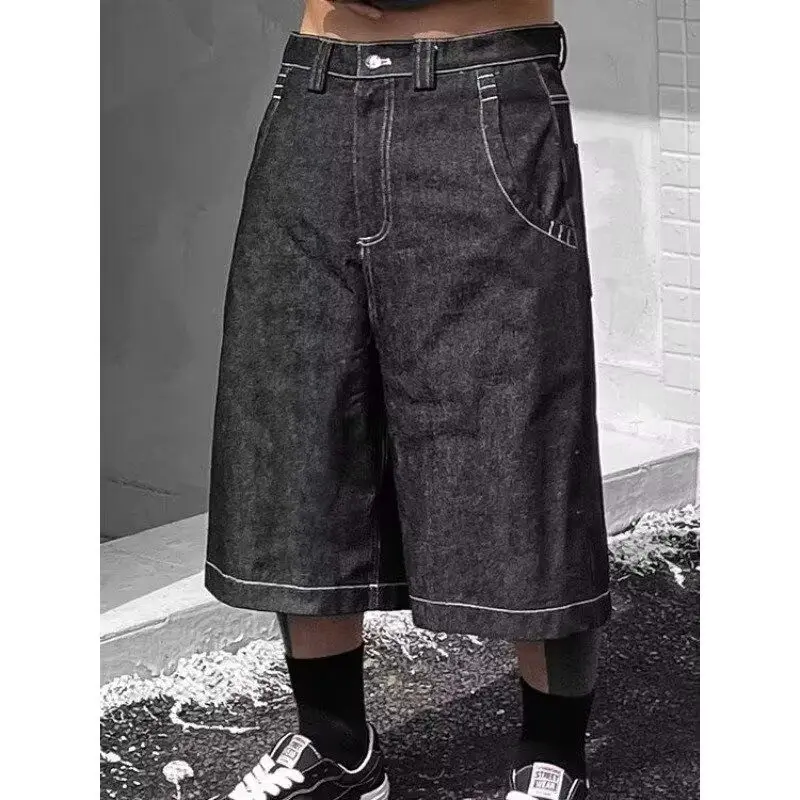 American West Coast Style Men's Short Jeans Summer New Trend Loose Washed Trimmed Five-Quarter Casual Pants Polyester Cotton ...