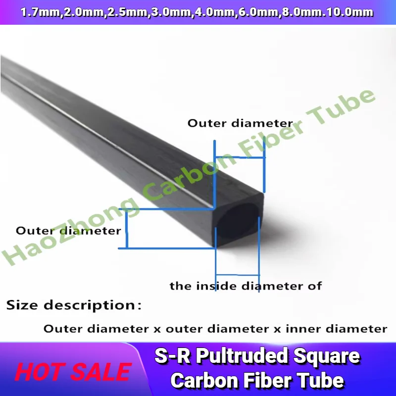 SR OD 1.7mm,2.0mm,2.5mm,3.0mm,4.0mm,6.0mm,8.0mm.10.0mm 500mm length S-R Pultruded Square Carbon Fiber Tube