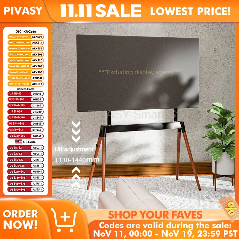 No Drill Art TV Mount 55-86 Inch Modern Artistic TV Floor Stand Solid Wood for Living Room 40KG Load Bearing with Safety Straps