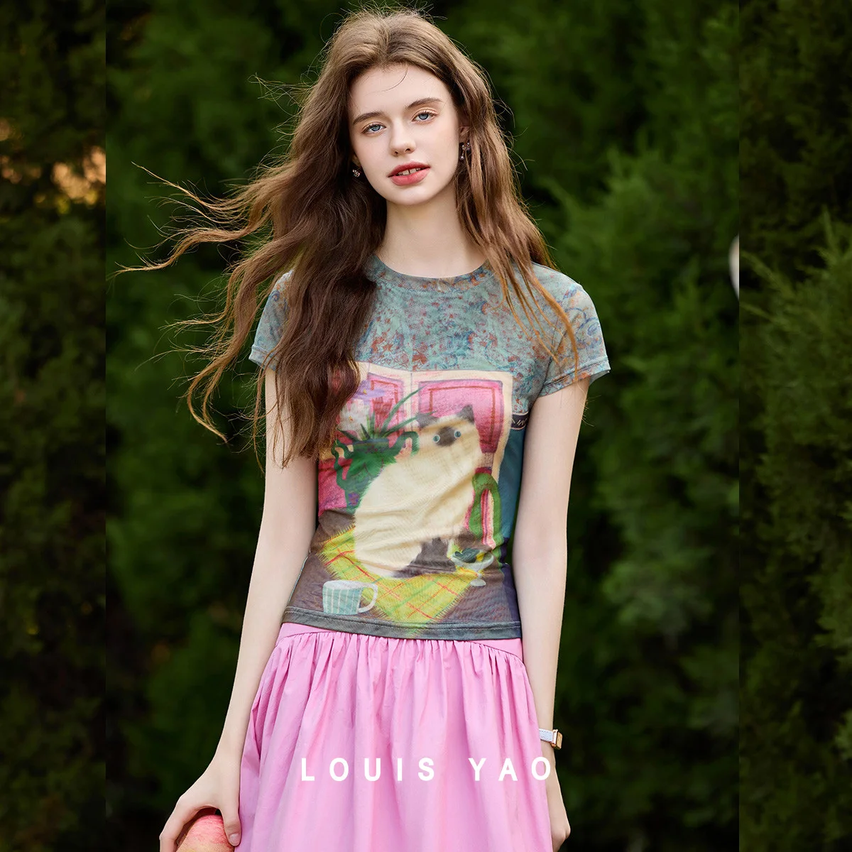 

LOUIS YAO Printed Short Sleeve T-shirt 2025 Summer Sobriety Bottom Tops for Woman Round Neck Micro Elastic Tees Street