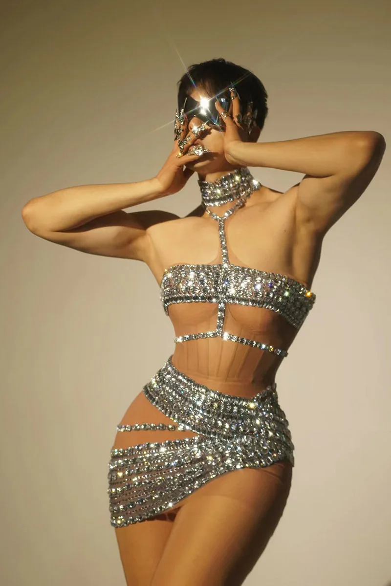 Sparkly Diamonds Short Dress for Women Sexy Party Celebrate Birthday Dress Photo Shoot Performance Stage DJ Singing Costumes
