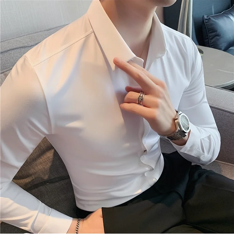 

Новинка 2023 года, облегающие рубашки без следов для мужчин, высококачественные облегающие повседневные деловые рубашки с длинным рукавом, официальное вечернее платье