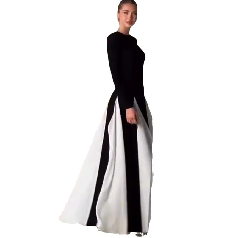 Women Elegant Contrast Patchwork Maxi Dresses Autumn Fashion Round Neck Long Sleeves Slim Dress 2024 Lady Evening Party Robes