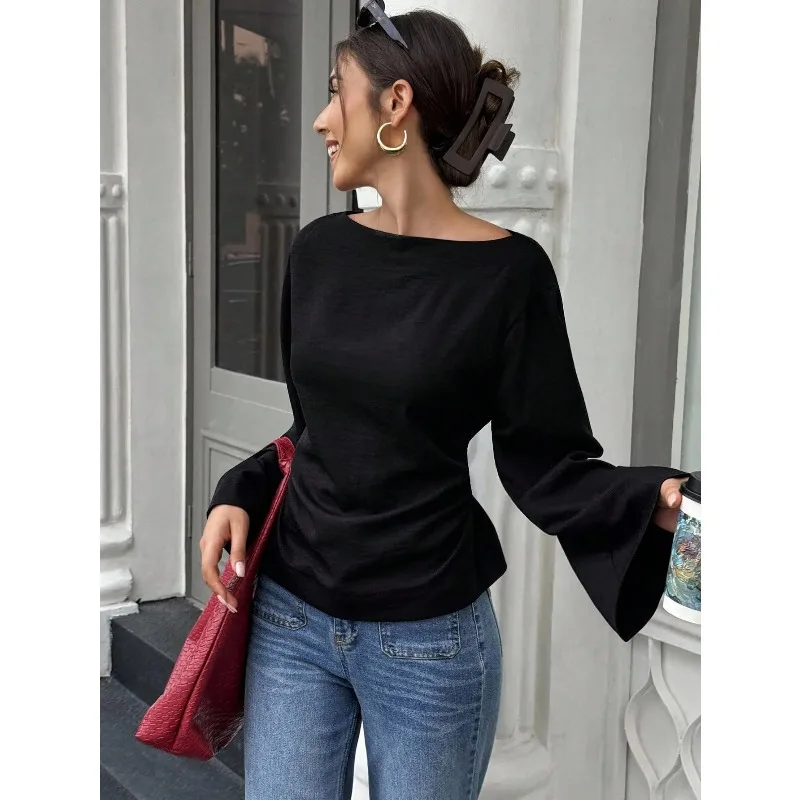 

Black shirts for European and American foreign trade, autumn flared long sleeved shirts, pullovers, women's clothing