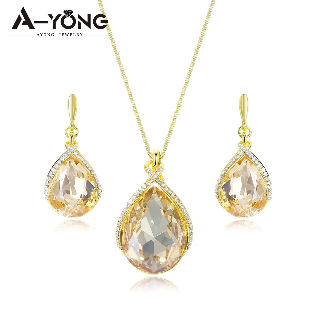 

2026 High Quality Colored Crystal Jewelry Set for Women Party Charming White Natural Stone Water Drop Necklace Earrings