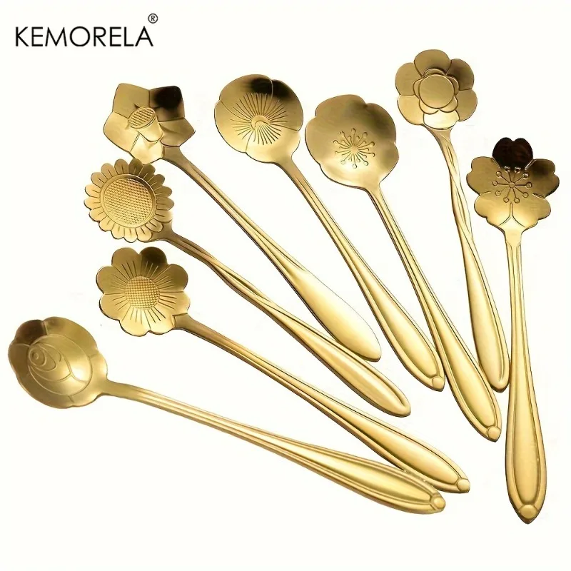 8-teiliges Edelstahl-Blumenlöffel-Set in Gold, Mini-Besteck für Tee, Dessert, Zucker, Kuchen & Eiscreme - Spülmaschinenfestes Tafelbesteck-Set