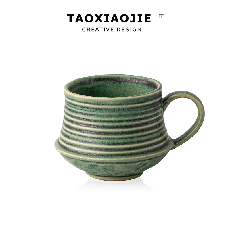 

Retro Threaded Green Ceramic Mugs Japanese Style Coffee Cup Breakfast Latte Water Cup Gift Spiral Texture Coarse Porcelain