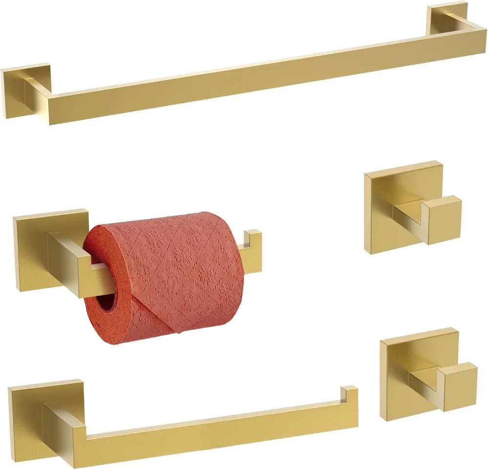

5-Piece Stainless Steel Brushed Gold Towel Bar Holder Set, Wall Mounted Bathroom Hardware Accessories