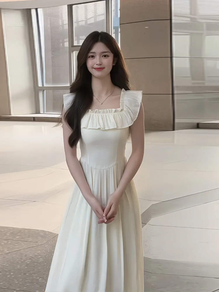 

Ele Summer Long Dr Women's Gown with Strap Square Collar Waist-Cinching Svel Korean Sle Commute Faion