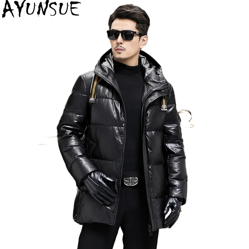 

AYUNSUE 2025 Genuine Goatskin Leather Down Jacket Man Winter Mid-length White Duck Down Coat Hooded Windproof Warm Puffer Coats