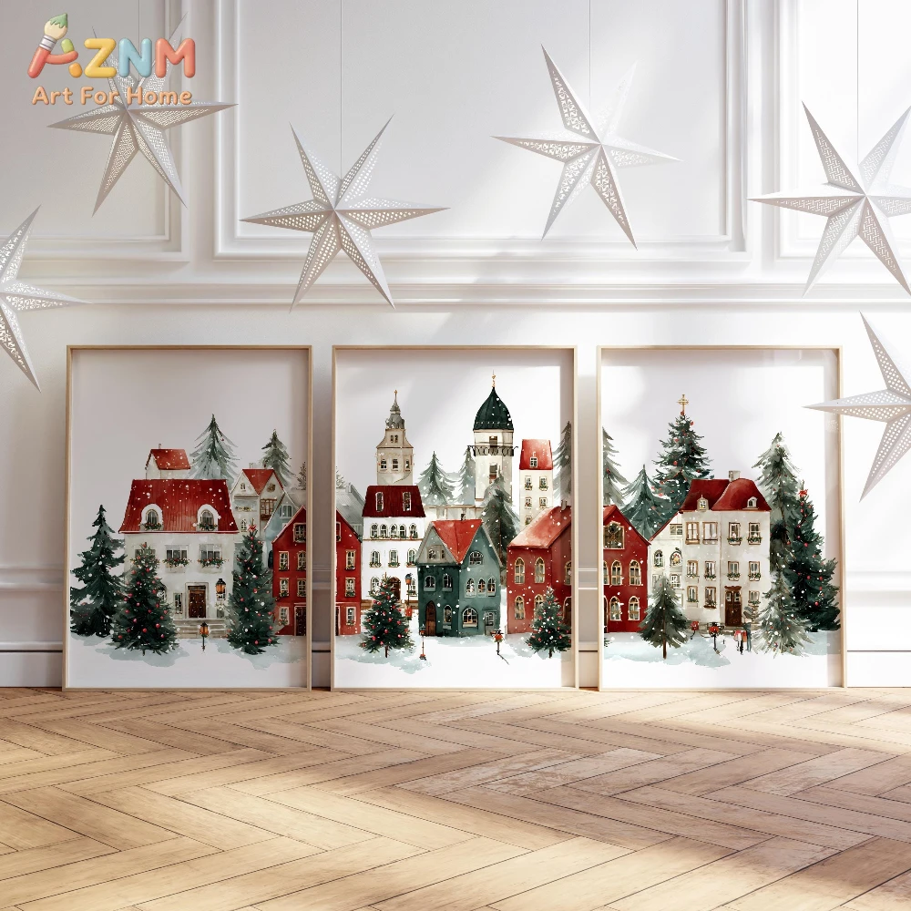 AZNM Watercolor Winter Christmas Town Canvas Print, Festive Snowy European Village Wall Art, Frameless Minimalist Holiday Decor