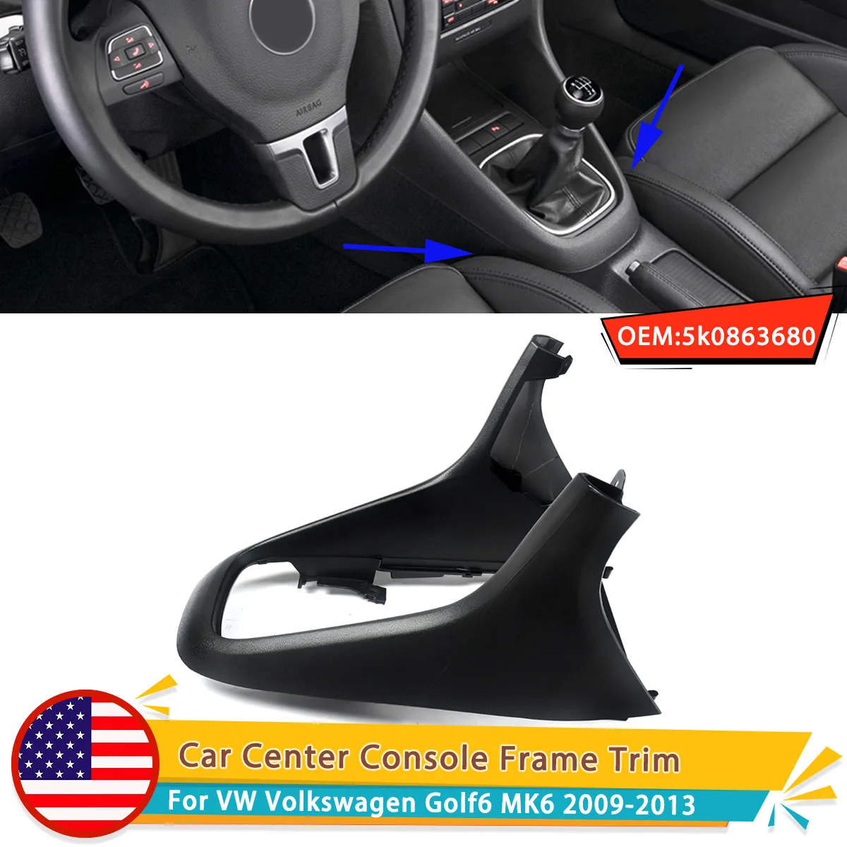

For Volkswagen VW Golf 6 Center Console Cover Frame MK6 2009-2013 Shift Selector Mounting Bracket Replacement 5k0863680 Black