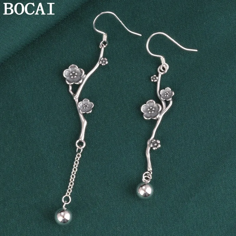 

BOCAI NEW S925 Pure Silver Retro Personality AB Tree Branch Small Flower Earrings