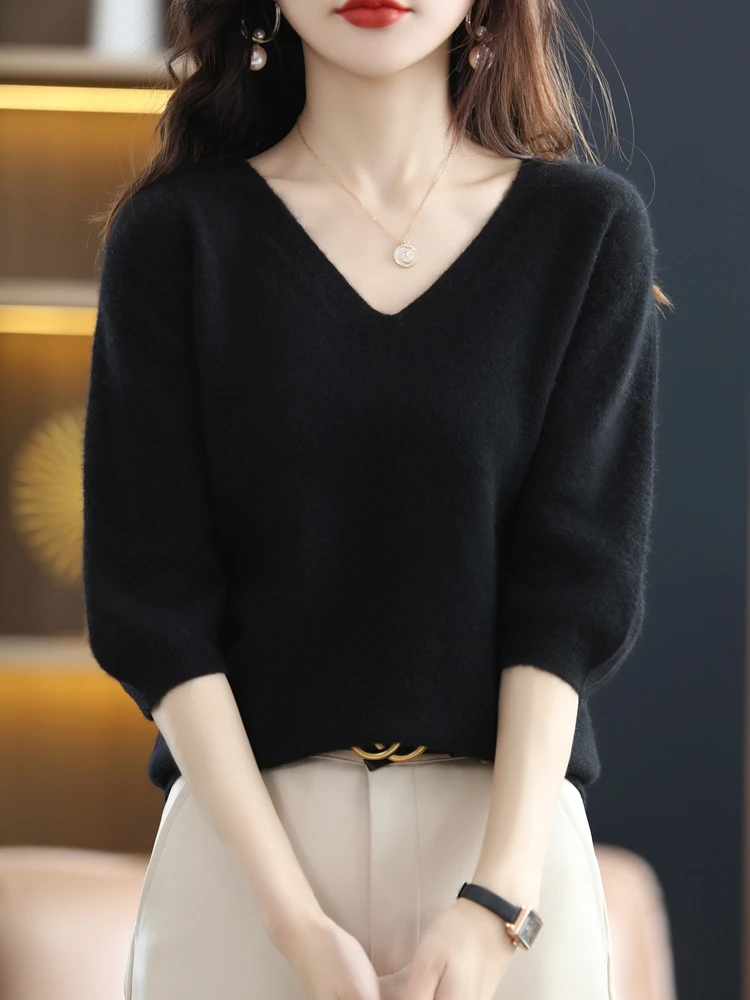 Spring Summer Women Sweater 100% Merino Wool Knitwear Office V-neck Half Sleeve Pullover Lady Basic Grace Cashmere Clothing