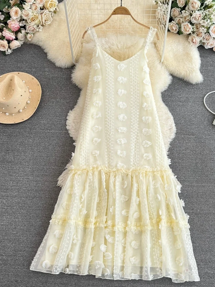 Vestido Midi acampanado para fotoía de vacaciones en la playa, vestido de cintura alta sin mangas con cuello en V y adorn...