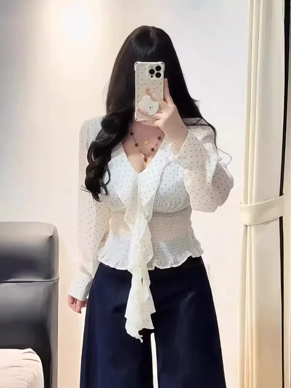 

Elegant Long Sleeve Polka Dot Sash Shirt Slimming Ageless Summer 2026 Women's Korean Style Commute Wind Waist Cinched Blouse