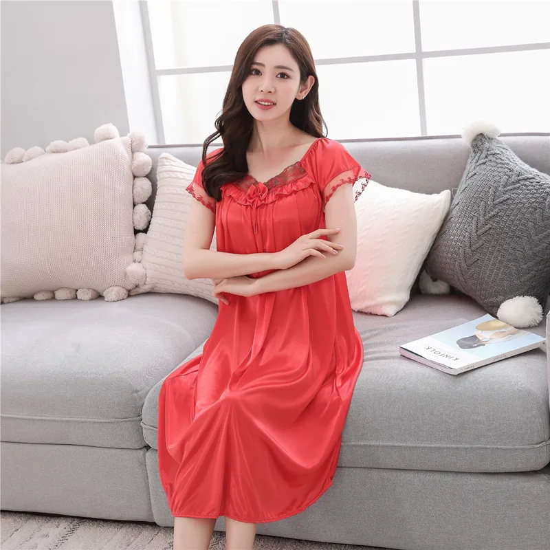 Sexy V-neck Silk Nightgown Big Yards M-4XL Women\'s Fashion Lace Sleepwear Breathable Short Sleeve Sleepshirts