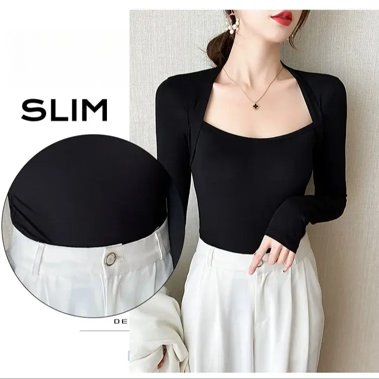 Modal Retro Square Neck Tops Women T-Shirt Shoulder Wrap Temperament Slim Collarbone Tight Inner Bottom Shirt Sexy Simple