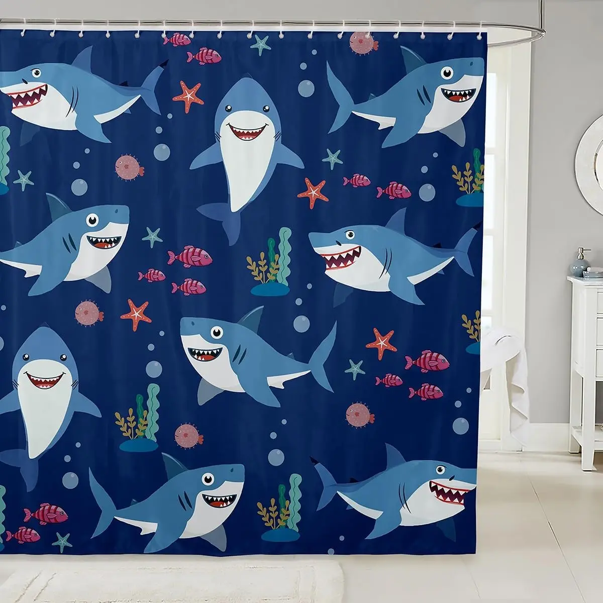

Shark Shower Curtain Cartoon Ocean Animals Kids Bathroom Decor Blue Sea Theme Linen180x180