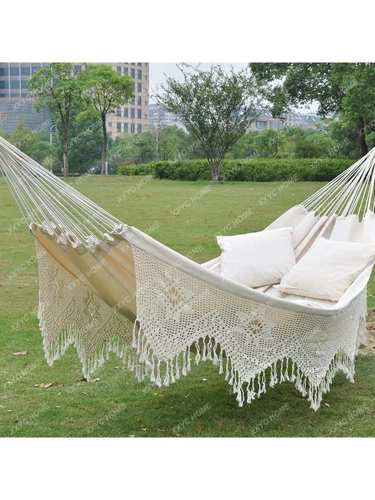 Outdoor Hammock Cotton Canvas Indoor Glider White Swing Bed Tassel Hammock