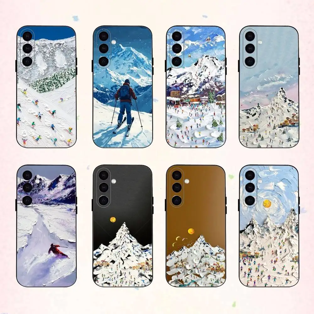 

S-Snow Mountain Skiing Oil Painting phone Case For Samsung Galaxy A73,A72,A71,A70,A53,A52,A51,Others Soft Black Shell