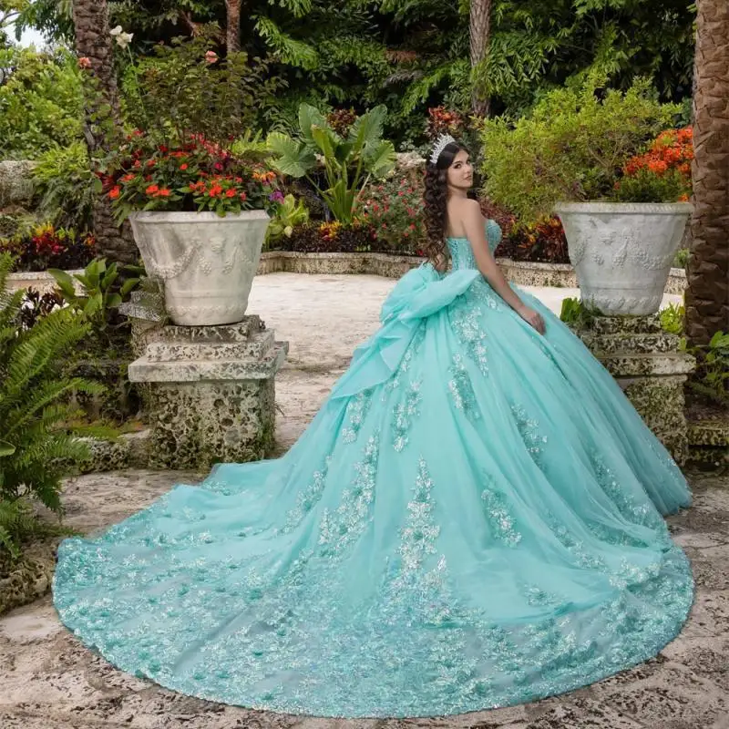 Personalizado água azul querida vestidos de baile quinceanera vestidos para meninas bowknot apliques rendas até vestidos de quinceanera