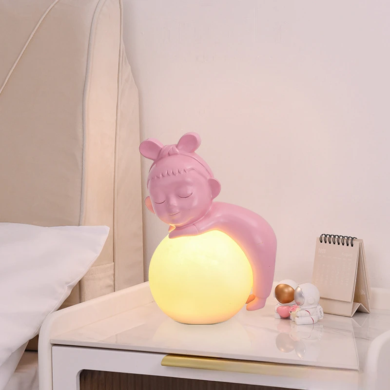 Nordic Creative Ball Holding Girl Art Sculpture Decorative Lamp Electroplated Living Room, Bedroom, Bedhead Resin Table Lamp Dec