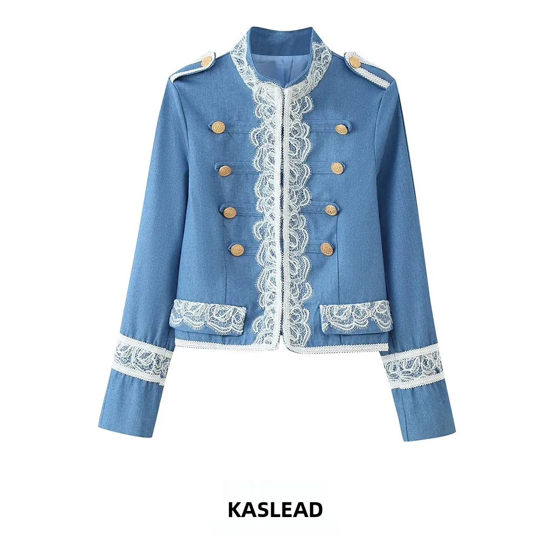 KASLEAD New Women's Fashion Short Lace Splicing Stand Collar Denim Jacket Versatile Stylish European Style Long Sleeve Coat