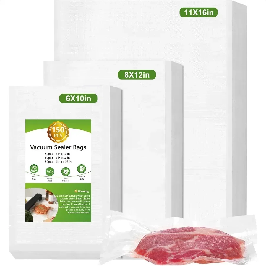 

Moretoes 150pcs Vacuum Sealer Bags Gallon 11 x 16 and Quart 8 x 12 and Pint 6 x 10 Food Saver Bags BPA Free Precut Commercial G