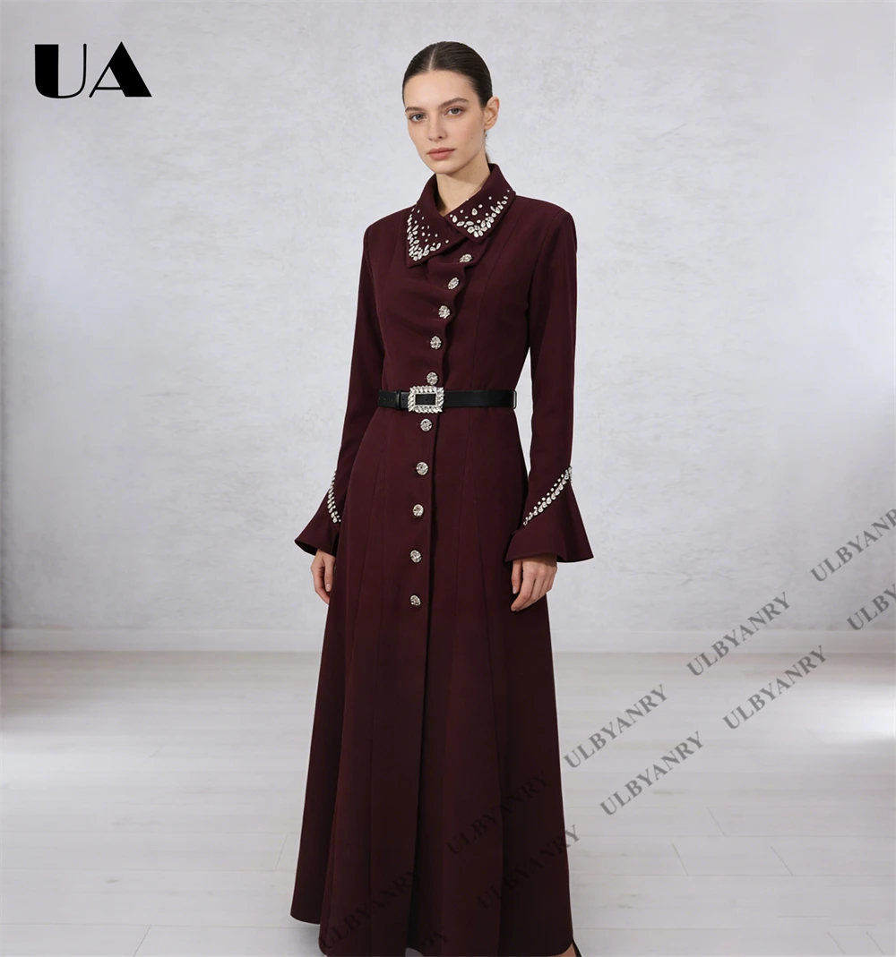 ULBYANRY Graceful Women's Long Suit Dress with Crystals Single Row Suit Blazer with Belt Events Gathering Party Outfit
