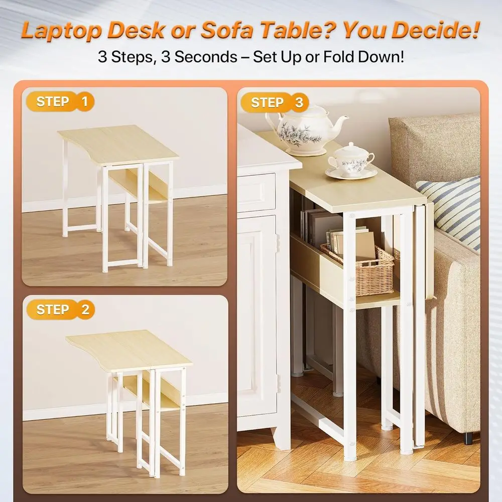 مكتب مدمج قابل للطي من خشب البلوط 31.5 مع مساحة تخزين للمساحات الصغيرة ومنطقة الأريكة، مثالي للكتابة والعمل المكتبي