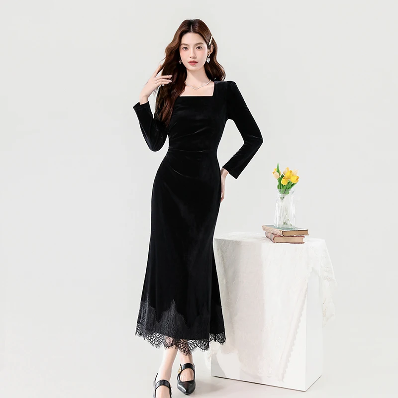 เดรสยาวแขนยาวผ้ากำมะหยี่สีดำ ปี 2025 แต่งลูกไม้เก๋ไก๋  ชุดราตรีหรูหราสง่างามสำหรับฤดูใบไม้ร่วงและฤดูหนาว  ชุดเดรสสไตล์วินเทจแบบเฮปเบิร์นสำหรับงานปาร์ตี้