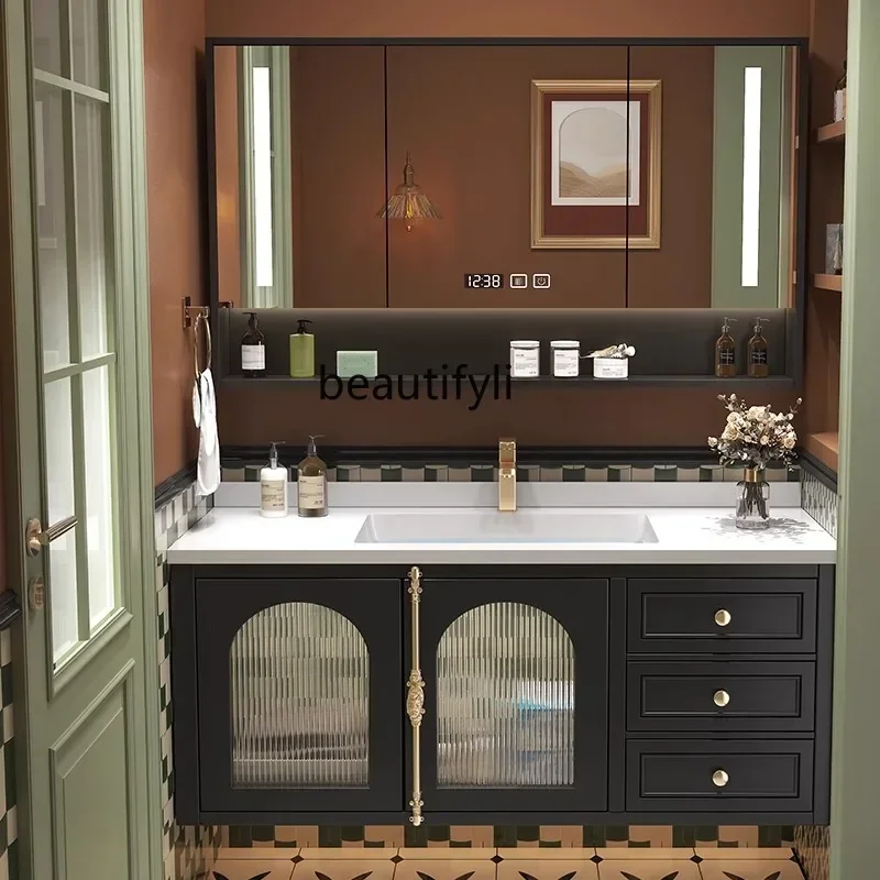 

French retro rock slab seamless integrated ceramic basin bathroom cabinet combination oak wash basin3286