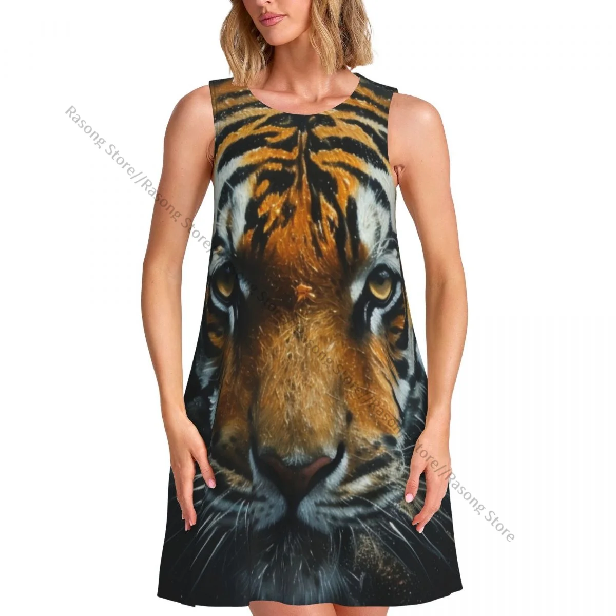 レディースドレスタイガーアートサマーカジュアルTシャツビーチカバーアップタンクドレス