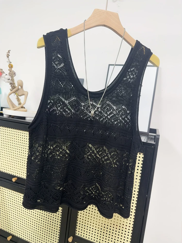 

High Quality Summer Hot Selling Hollowed Out Knitted Vest for Women's Outerwear Loose Oversized Short Thin Sleeveless Camisole