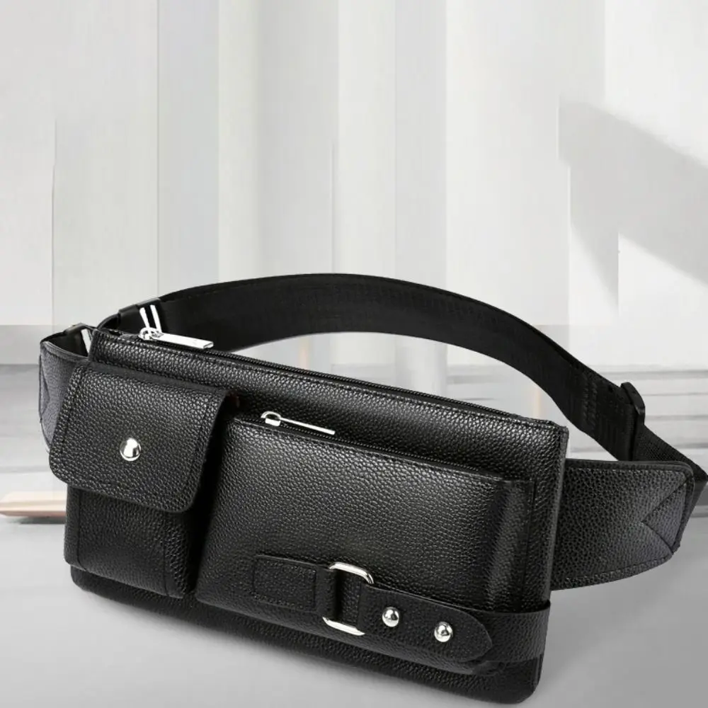 Large-capacity Man's Leather Waist Bag Waterproof Single Shoulder Multi Pocket Fanny Pack Adjustable Belt Strap Korean Style